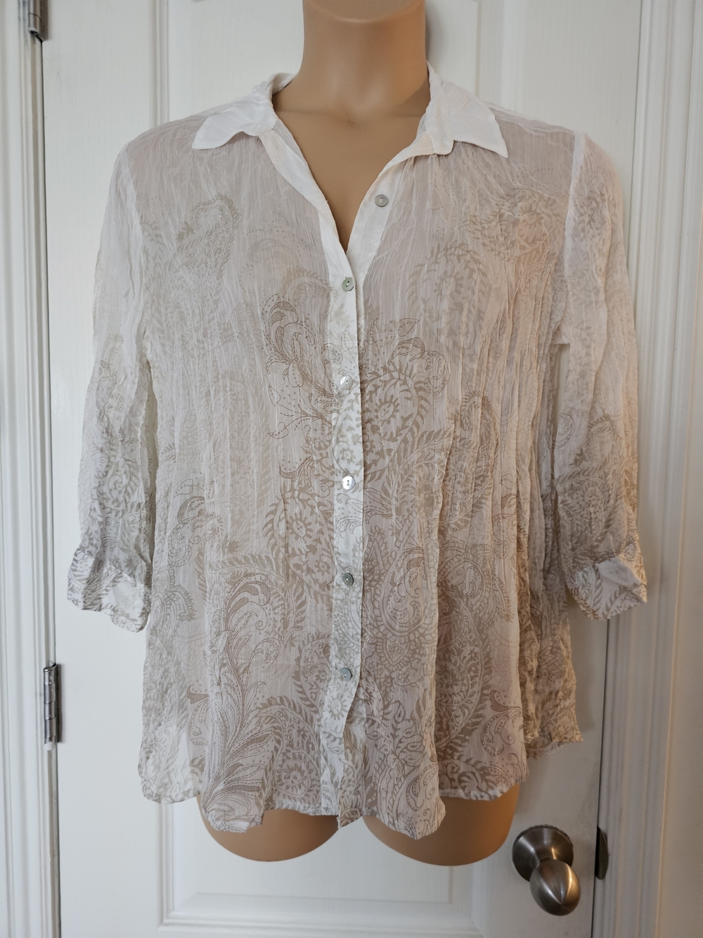 Chico's Sz 1 White and Taupe Sheer Button-Down Blouse